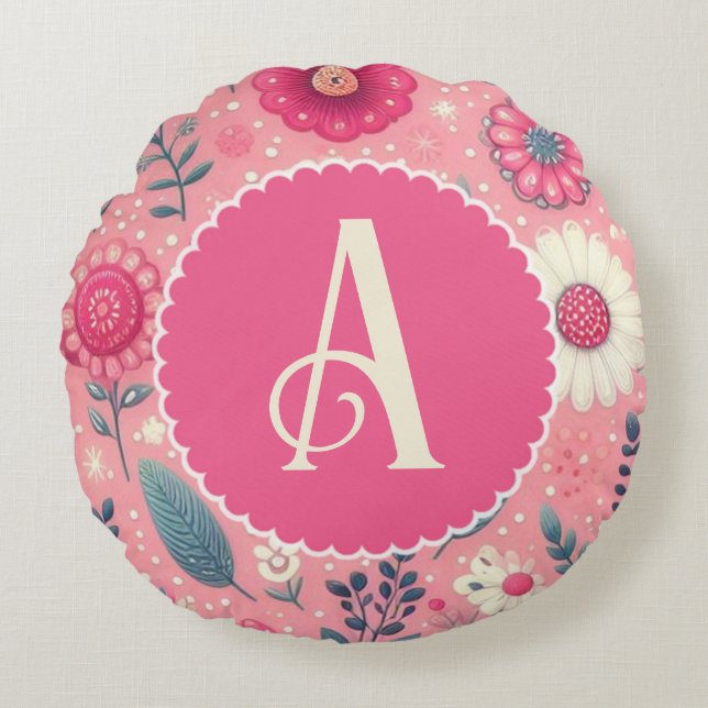 Custom Monogram Roze Enchanted Blooms Rond Kussen (Voorkant)