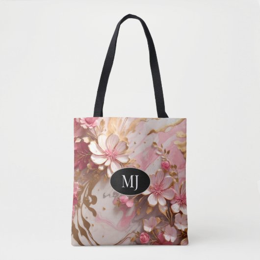 Custom Monogram Roze Wit Goud Bloemen Canvas tas (Voorkant)