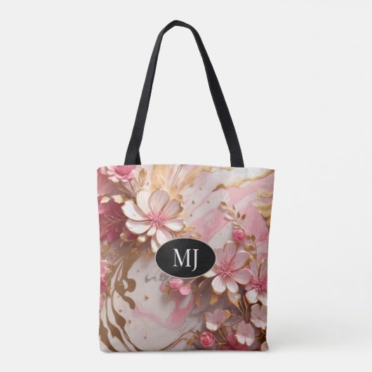 Custom Monogram Roze Wit Goud Bloemen Canvas tas (Achterkant)