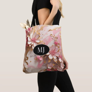 Custom Monogram Roze Wit Goud Bloemen Canvas tas