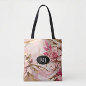 Custom Monogram Roze Wit Goud Bloemen Canvas tas (Voorkant)