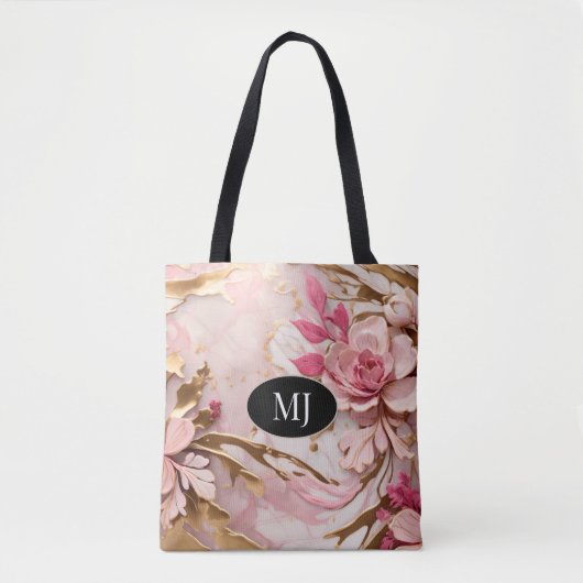 Custom Monogram Roze Wit Goud Bloemen Canvas tas (Voorkant)