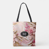 Custom Monogram Roze Wit Goud Bloemen Canvas tas (Achterkant)