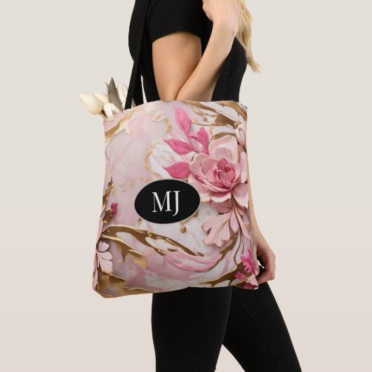 Custom Monogram Roze Wit Goud Bloemen Canvas tas (Dichtbij)