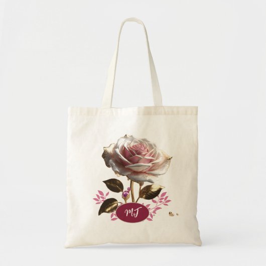 Custom Monogram Roze Wit Rose Bloemen Canvas tas (Voorkant)