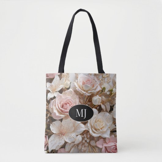 Custom Monogram Roze Wit Rose Bloemen Canvas tas (Voorkant)