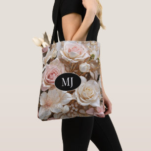 Custom Monogram Roze Wit Rose Bloemen Canvas tas
