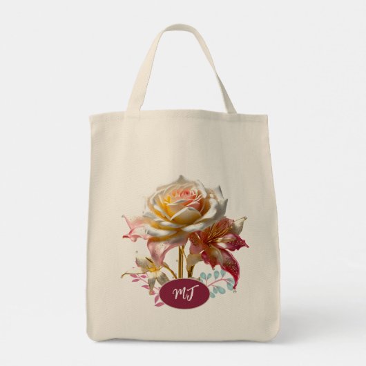 Custom Monogram Roze Wit Rose Boodschappenwinkel C Tote Bag (Achterkant)