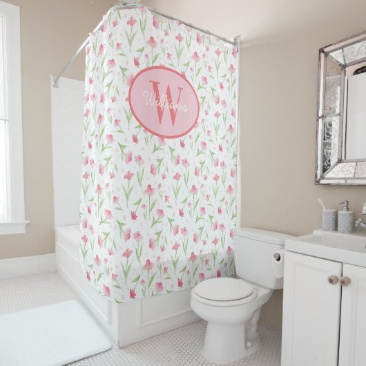 Custom Monogram Shower Curtain Pink Flowers Cute  Douchegordijn (In situ)