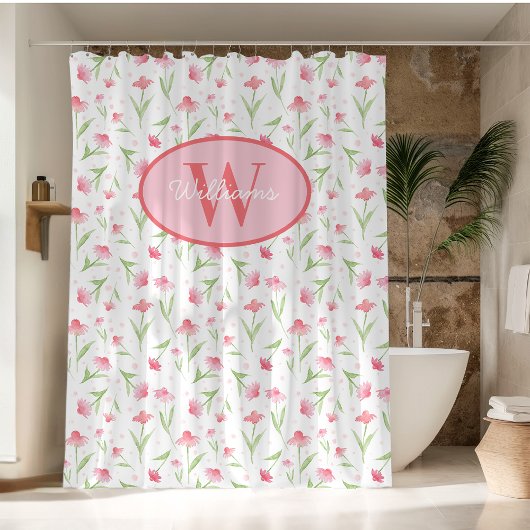 Custom Monogram Shower Curtain Pink Flowers Cute  Douchegordijn