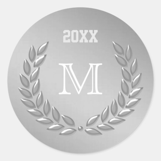Custom Monogram Silver Gray Laurel Wreath Ronde Sticker (Voorkant)