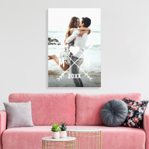 Custom Monogram Stijlvolle Liefde Paar Hart Pijlen Canvas Afdruk