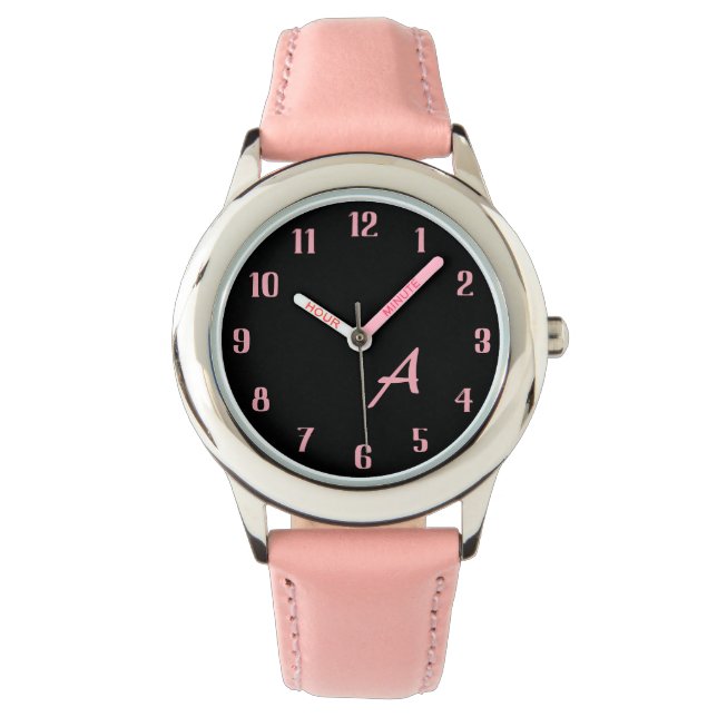 Custom Monogram Stylish Black And Pink Dial Girls Horloge (Voorkant)