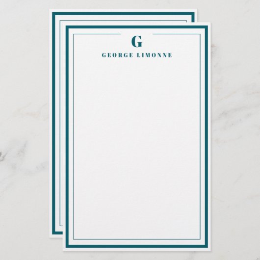 Custom Monogram Teal Blue Border Stationery  Briefpapier (Voorkant / Achterkant)