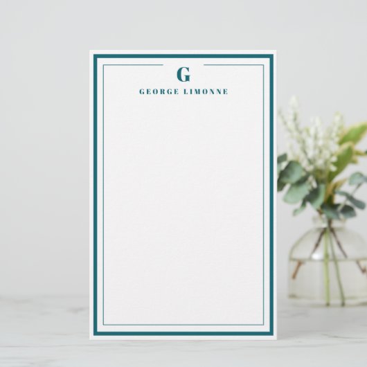 Custom Monogram Teal Blue Border Stationery  Briefpapier (Staand voorkant)