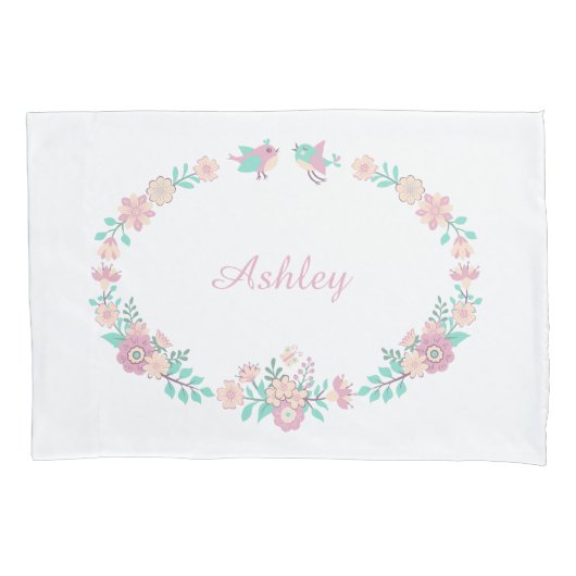 Custom Monogram Wreath Floral Girl Kussensloop, Re Kussensloop (Voorkant)
