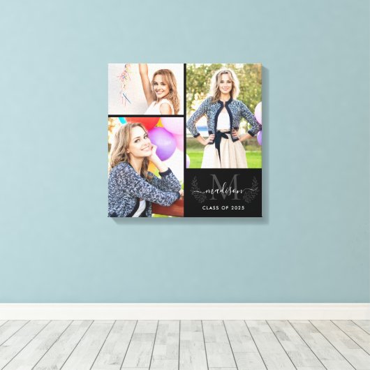 Custom Monogram Zwart Grijs Afstuderen 2021 Foto Canvas Afdruk (Insitu (Houten vloer))