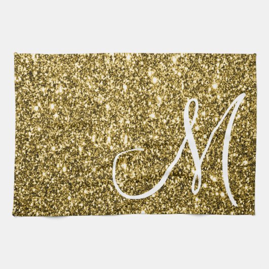Custom Monogrammed Faux Gold Glitter Sparkle Theedoek (Horizontaal)