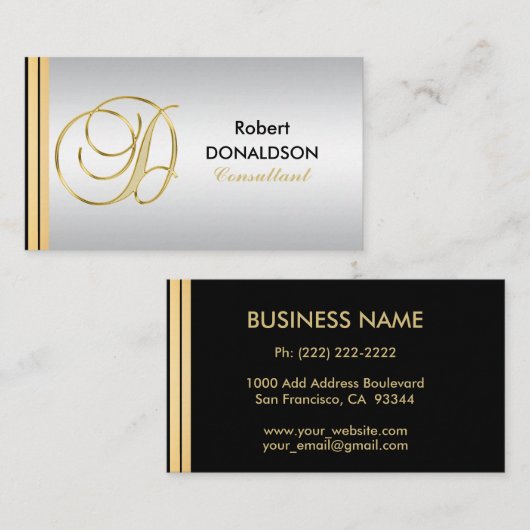 Custom Monogrammed Gold Black Silver Initiaal 'D' Visitekaartje (Voorkant / Achterkant)