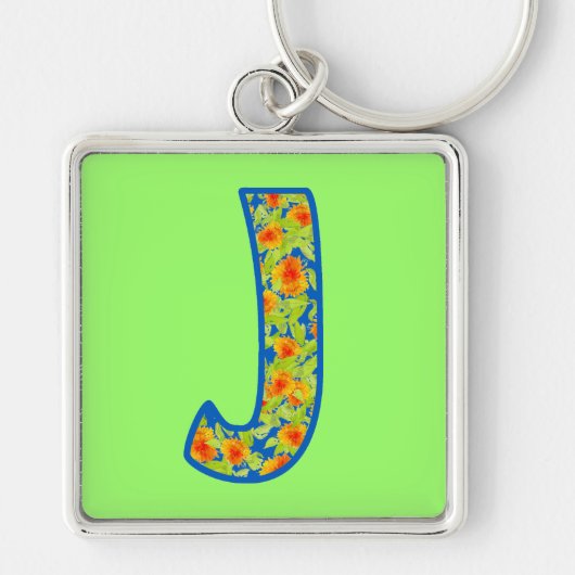 Custom Monogrammed J Sleutelhanger, Marigolds Patt Sleutelhanger (Voorkant)