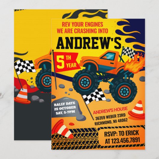 Custom Monster Truck Jam Kids Party Birthday Kaart (Voorkant / Achterkant)