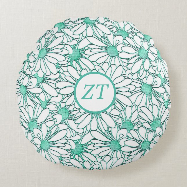 Custom Mooie Blauwgroen en witte bloemen Rond Kussen (Voorkant)