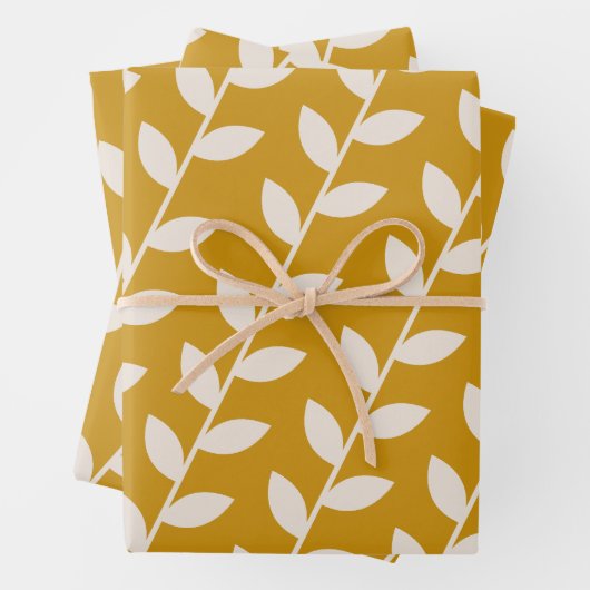 Custom Mosterd 70s Retro Leaf Patroon Inpakpapier Vel (In situ)