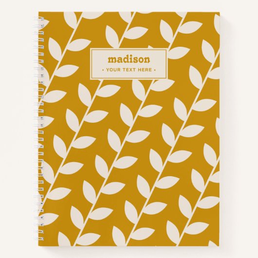 Custom Mosterd 70s Retro Leaf Patroon Monogram Notitieboek (Voorkant)