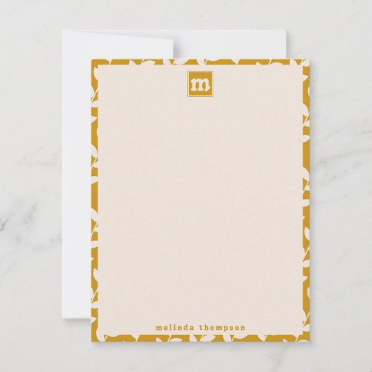 Custom Mosterd 70s Retro Leaf Patroon Monogram Notitiekaartje (Voorkant)