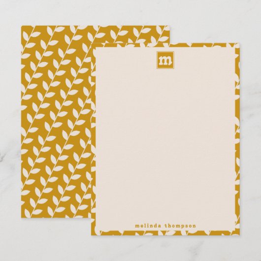 Custom Mosterd 70s Retro Leaf Patroon Monogram Notitiekaartje (Voorkant / Achterkant)