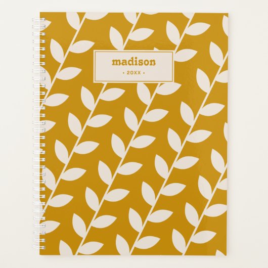 Custom Mosterd 70s Retro Leaf Patroon Monogram Planner (Voorkant)