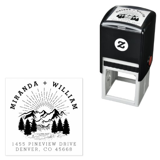 Custom Mountain Pine Tree Bruiloft Retouradres Zelfinktende Stempel (In situ)