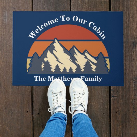 Custom Mountain Sunset Blue Log Cabin Welkom Deurmat