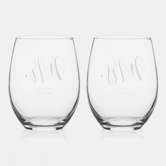 Custom 'Mr. & mevrouw' Minimaal script bruiloft Wijnglas Zonder Voet (Achterkant)