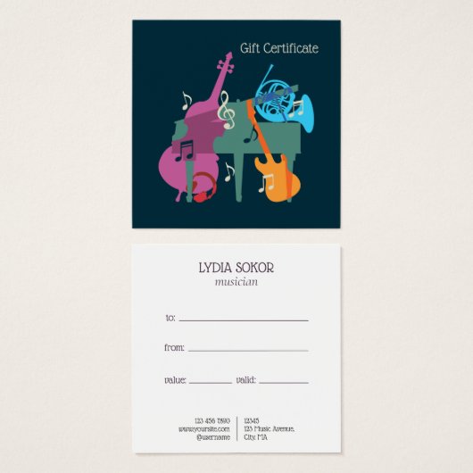 Custom Music Lessons Gift Certificate Vierkante Visitekaartjes (Voorkant /achterkant)