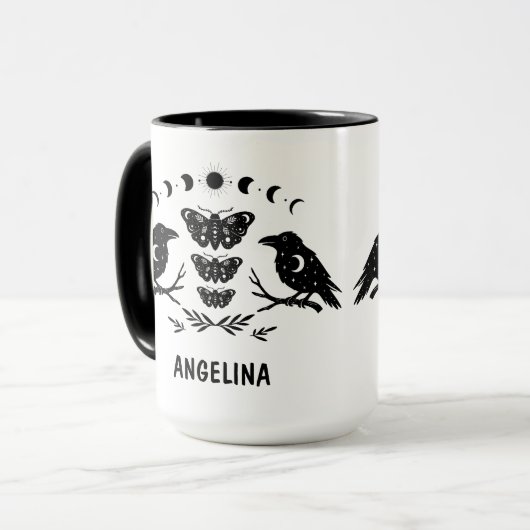 Custom Mystical Celestial Moth & Crows Goth Witchy Mok (Voorkant links)