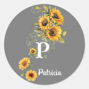 Custom Naam en Initiaal Zomer Zonnebloemen Geel Ronde Sticker