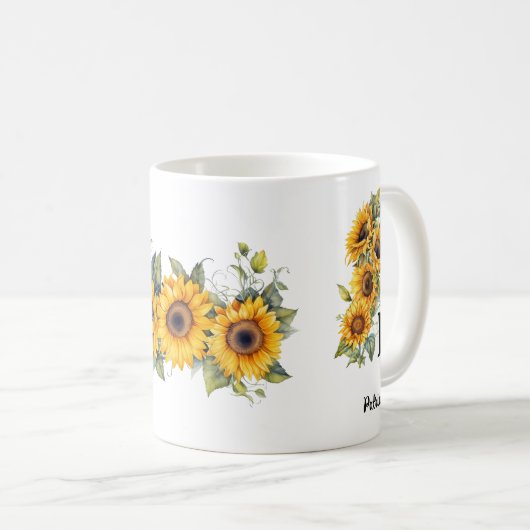 Custom Naam en Initiaal Zonnebloemen Blooms Geel Koffiemok (Voorkant rechts)