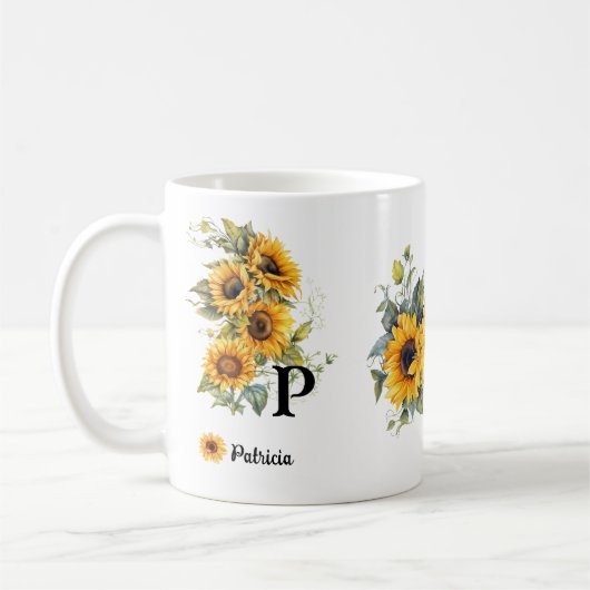 Custom Naam en Initiaal Zonnebloemen Blooms Geel Koffiemok (Links)