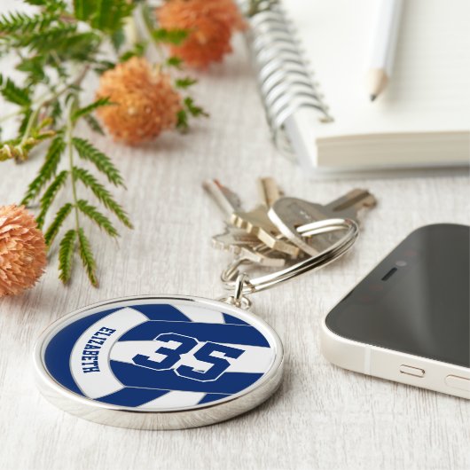 Custom naam jersey nummer op blauw wit volleybal sleutelhanger (Zijkant)