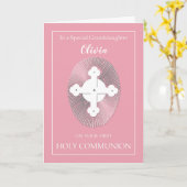 Custom Naam Kleindochter Communie Roze w / Cross Kaart (Gele Bloem)