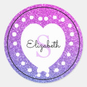 Custom Naam Monogram Roze Paarse Glitter Hart Ronde Sticker (Voorkant)