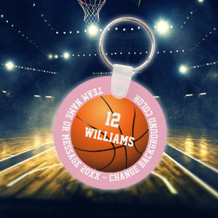 Custom Naam Nummer Team Basketbal Roze Sleutelhanger