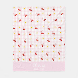 Custom Naam Roze Bogen en Kersen Girly Coquette Fleece Deken