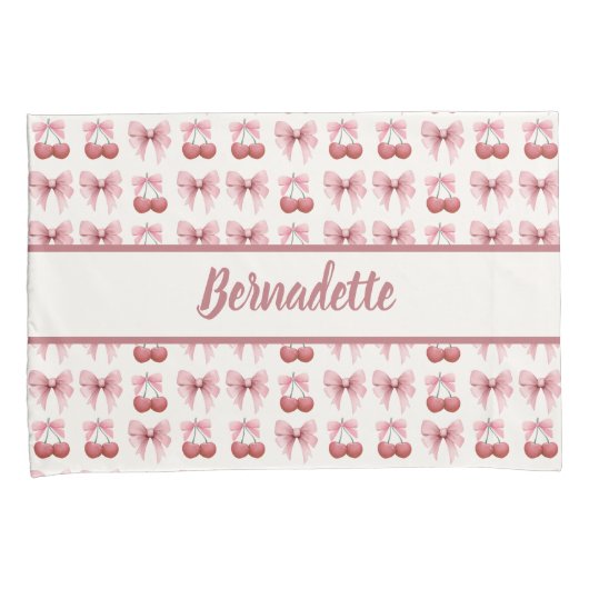 Custom Naam Roze Bogen en Kersen Girly Coquette Kussensloop (Voorkant-Rechts)