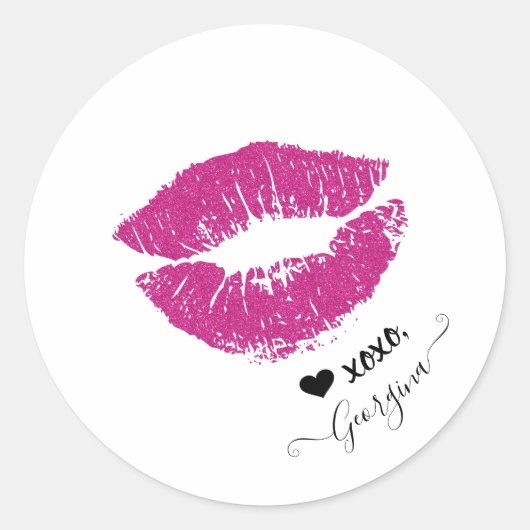 Custom Naam Stijlvol Meisje Roze Kus Lippen Hart Ronde Sticker (Voorkant)