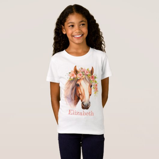 Custom Naam Waterverf Bloemen Paard Meisje T-shirt (Voorkant volledig)
