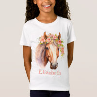 Custom Naam Waterverf Bloemen Paard Meisje T-shirt