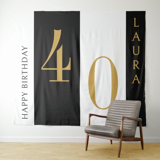 Custom Name & Age Banner Black Gold White Birthday Wandkleed (In Situ (horizontaal))