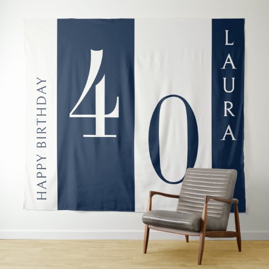 Custom Name & Age Banner, Navy and White Birthday Wandkleed (In Situ (horizontaal))
